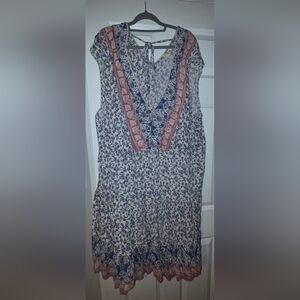 Bohemian Floral V-Neck Dress - Blue and Red